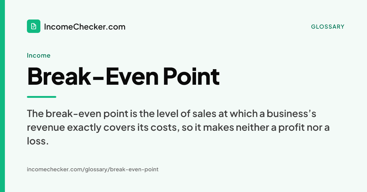 Break-Even Point definition: The break-even point is the level of sales at which a business’s revenue exactly covers its costs, so it makes neither a profit nor a loss.