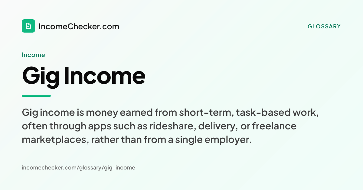 Gig Income definition: Gig income is money earned from short-term, task-based work, often through apps such as rideshare, delivery, or freelance marketplaces, rather than from a single employer.