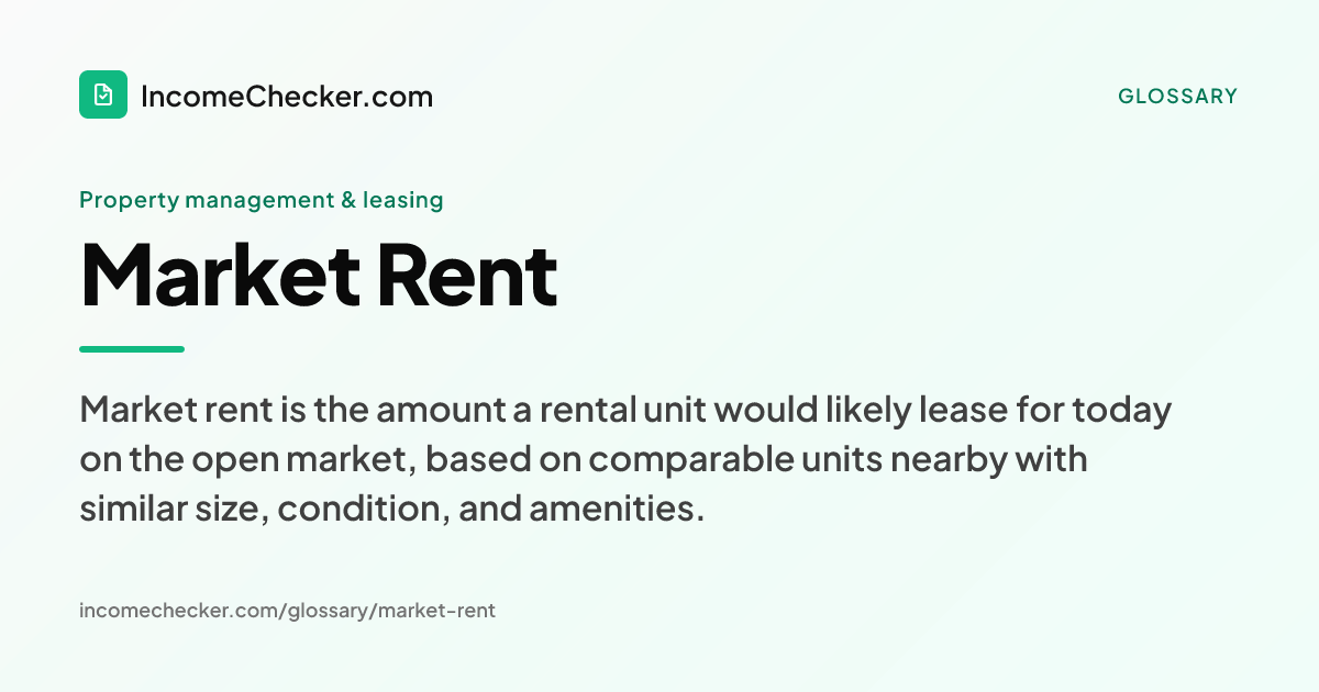 Market Rent definition: Market rent is the amount a rental unit would likely lease for today on the open market, based on comparable units nearby with similar size, condition, and amenities.