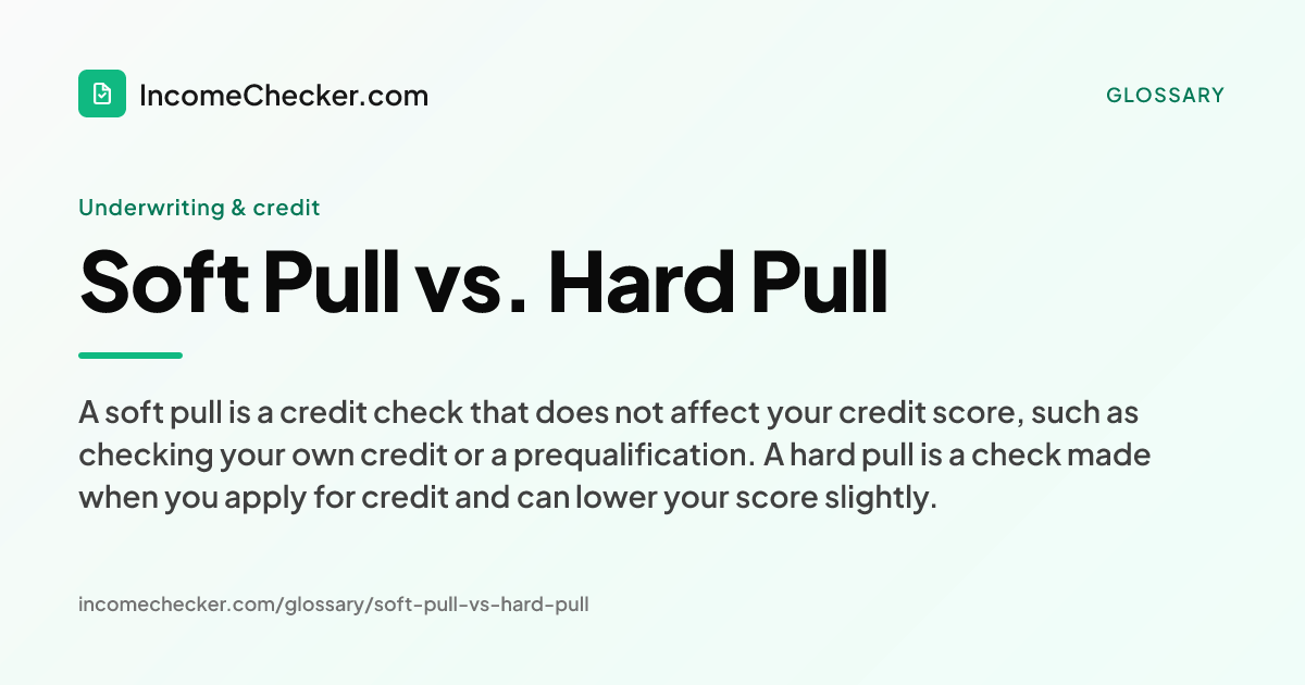 Soft Pull vs. Hard Pull definition: A soft pull is a credit check that does not affect your credit score, such as checking your own credit or a prequalification. A hard pull is a check made when you apply for credit and can lower your score slightly.